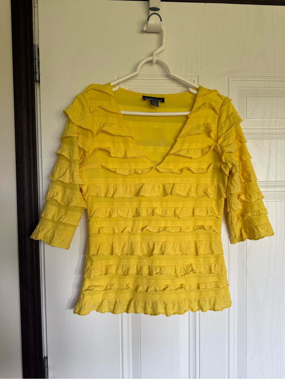 2 for $30 sale: Frank Lyman design yellow ruffle striped v-neck shirt - 10